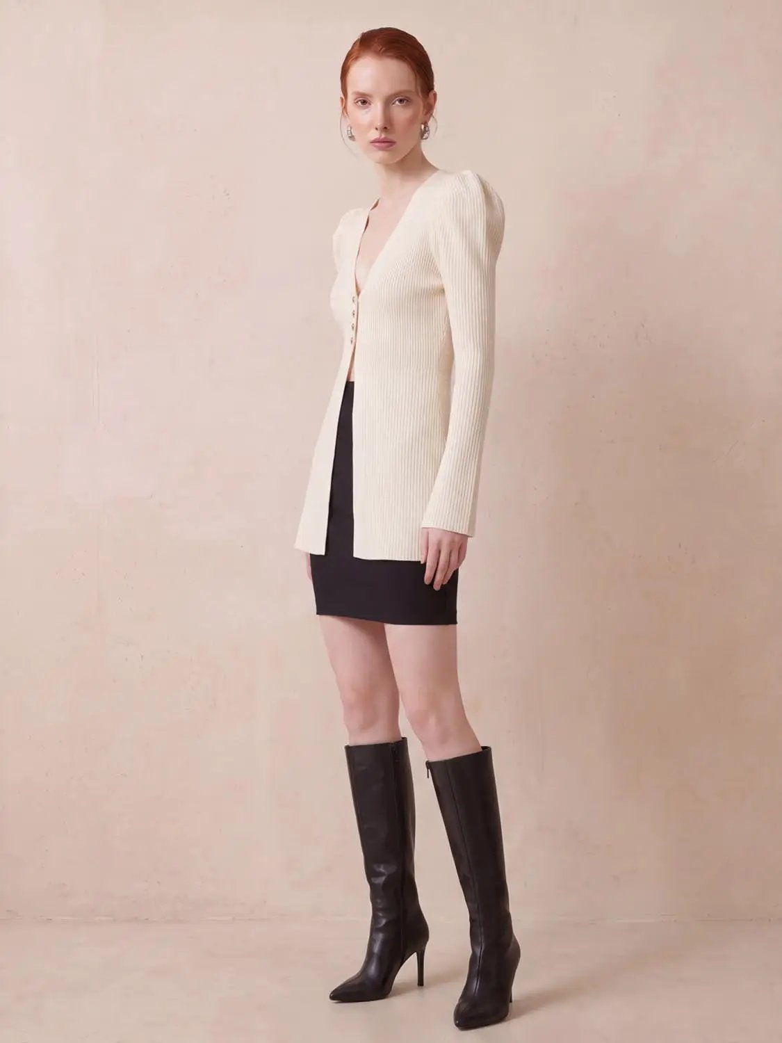 Puff Shoulder Tailored Knitted Cardigan
