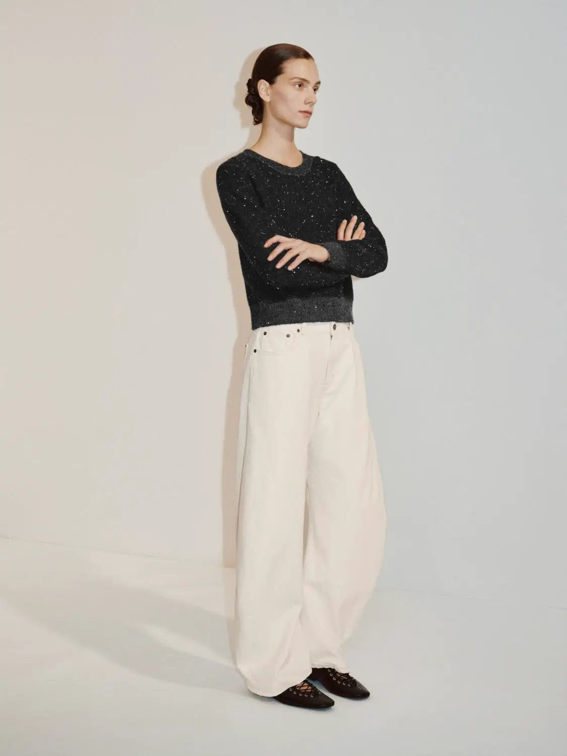 Textured Dotted Ribbed Hem Crew Neck Long Sleeve Sweater
