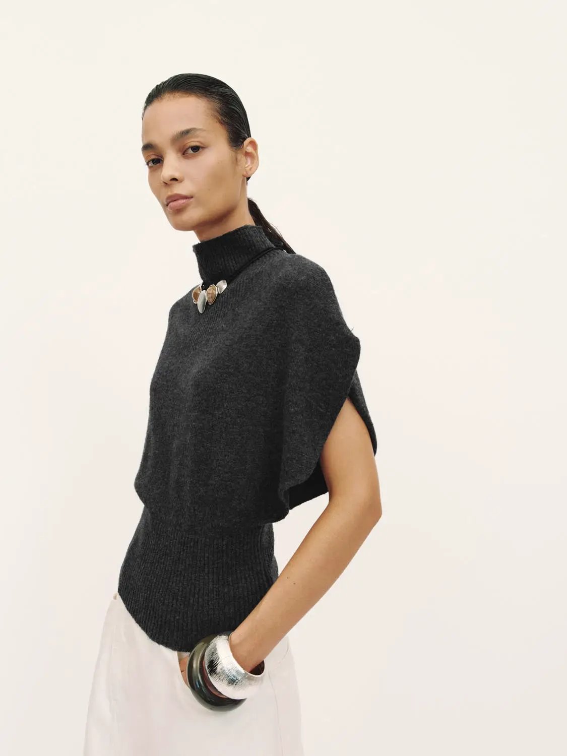 Knit Mock Neck Ribbed Hem Short Sleeve Sweater