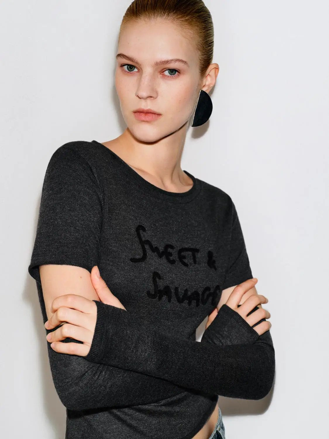 Cut-out Printed Text Boat Neck Cropped Long Sleeve T-Shirt