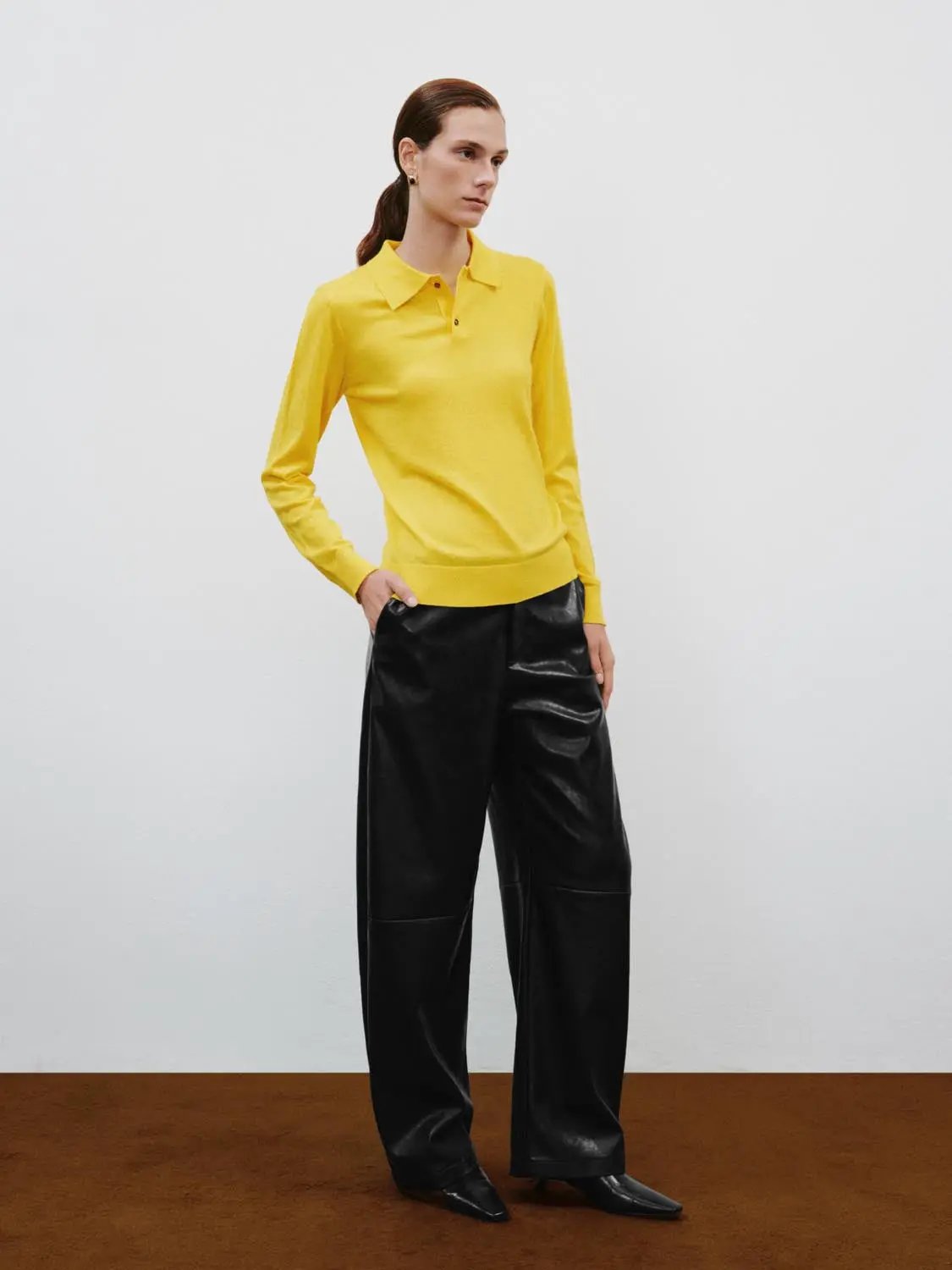 Polo Collar Long Sleeve Fitted Knit Sweater