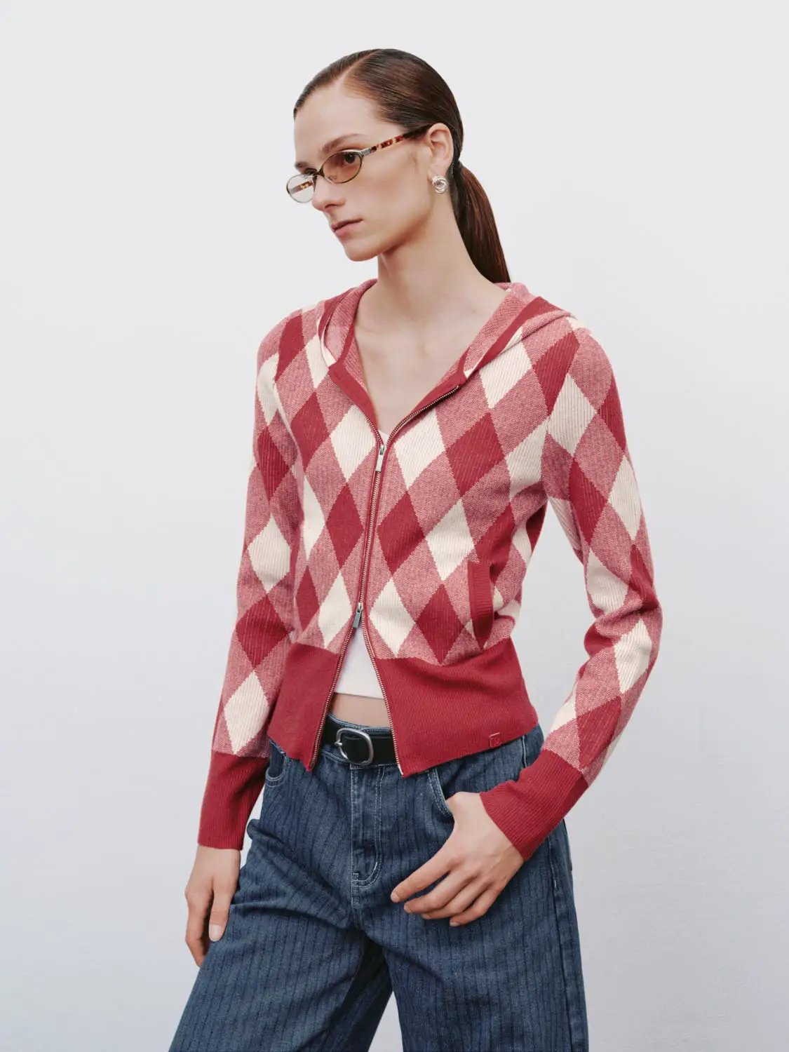 Argyle Hooded Long Sleeve Zip Front Knit Jacket