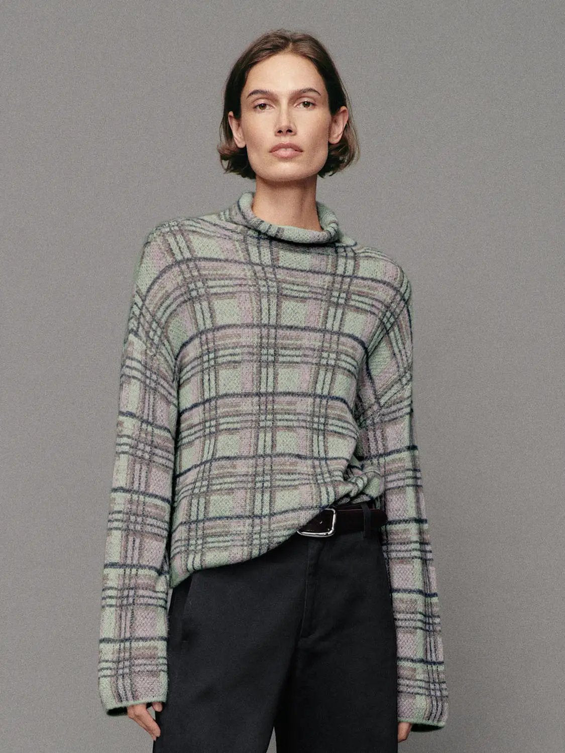 Checked Textured Twisted Hem Roll Neck Long Sleeve Sweater