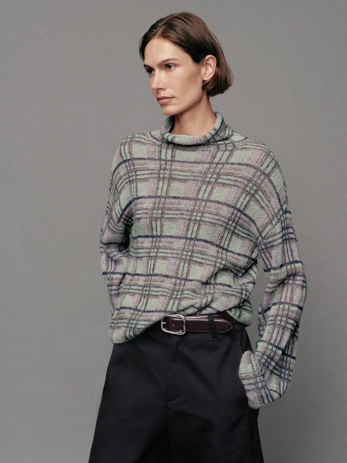 Checked Textured Twisted Hem Roll Neck Long Sleeve Sweater