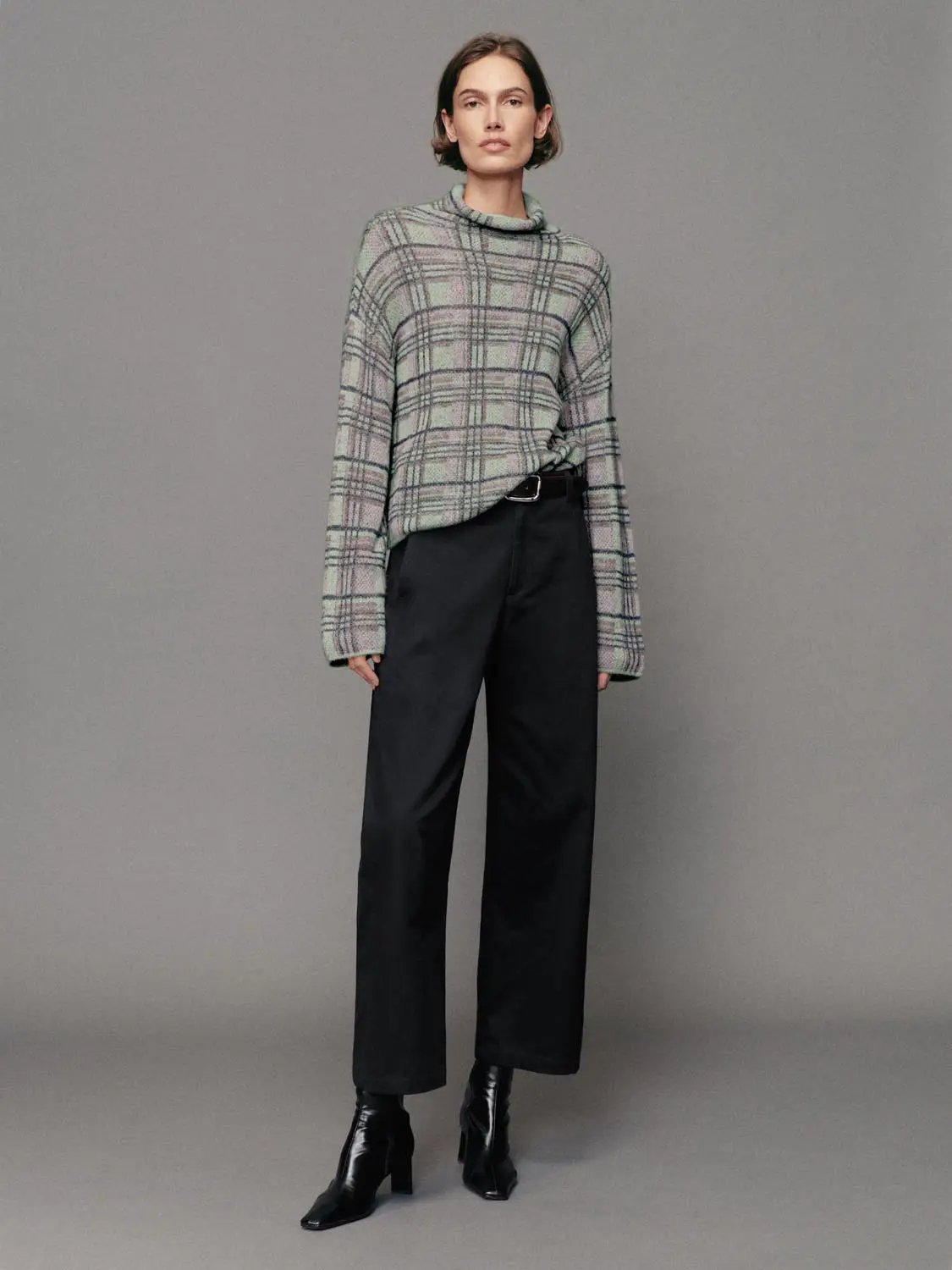 Checked Textured Twisted Hem Roll Neck Long Sleeve Sweater