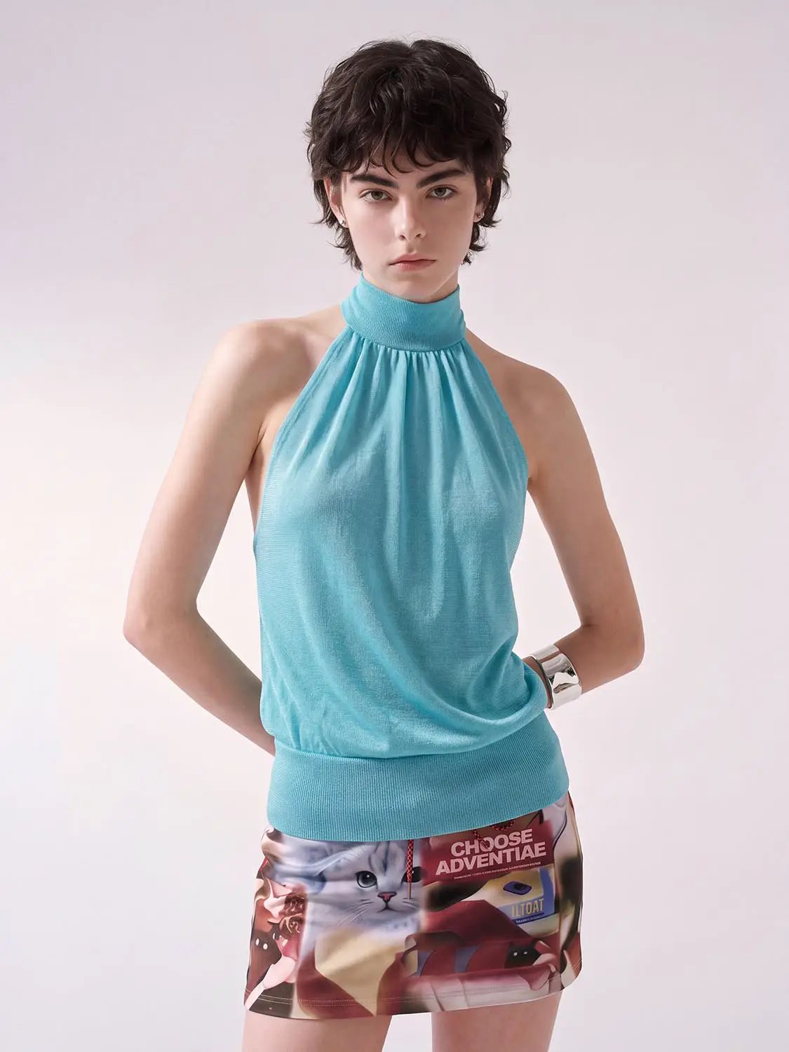 Metallic Knitted Halter Neck Sleeveless Top