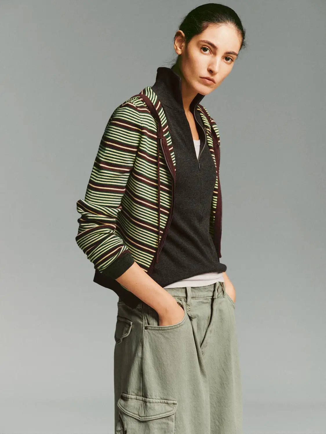 Zip Front Hooded Striped Fitted Knitted Long Sleeve Jacket