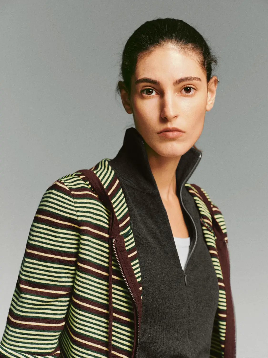 Zip Front Hooded Striped Fitted Knitted Long Sleeve Jacket
