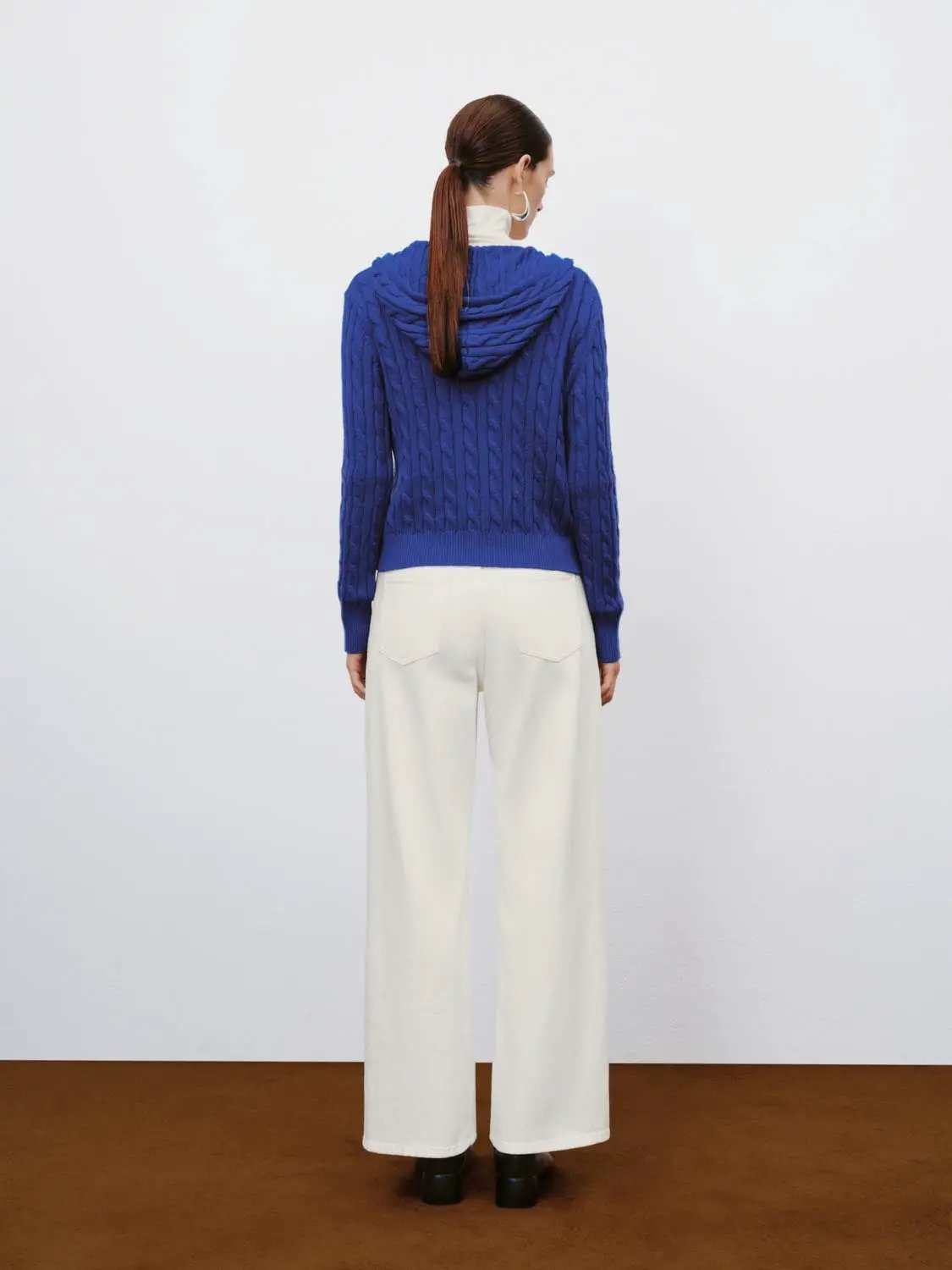 Cable Knit Zip Front Long Sleeve Cotton Wool Blend Hoodie