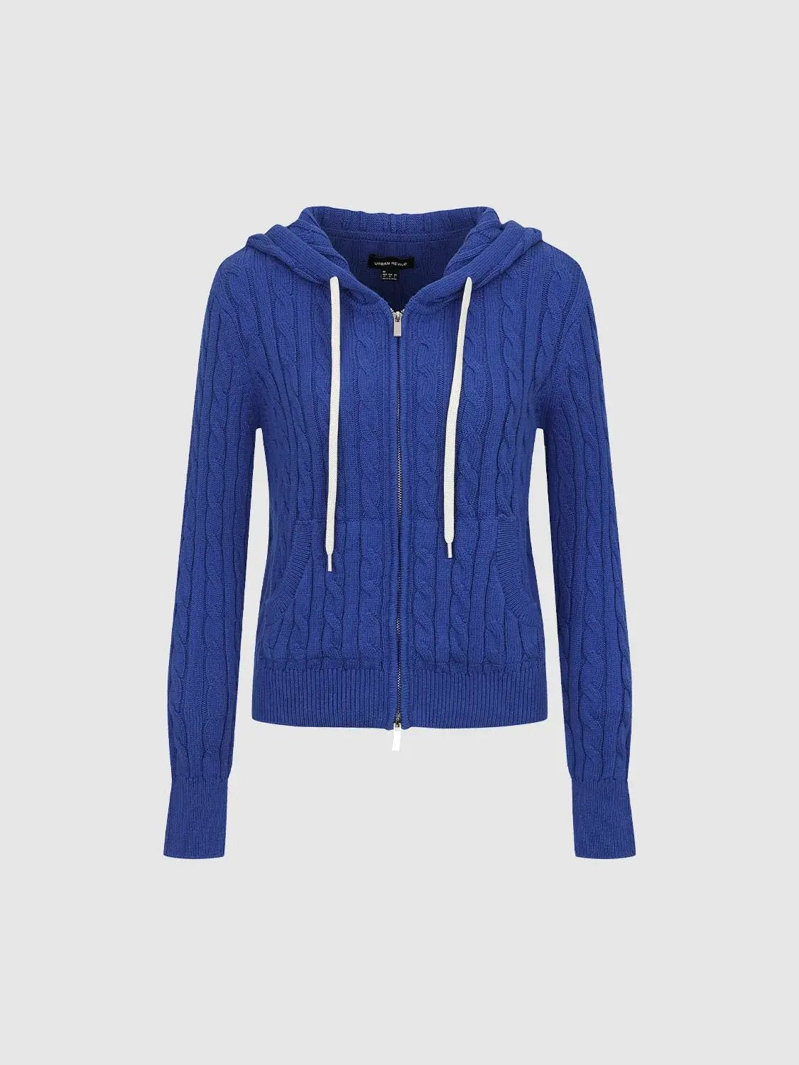 Cable Knit Zip Front Long Sleeve Cotton Wool Blend Hoodie