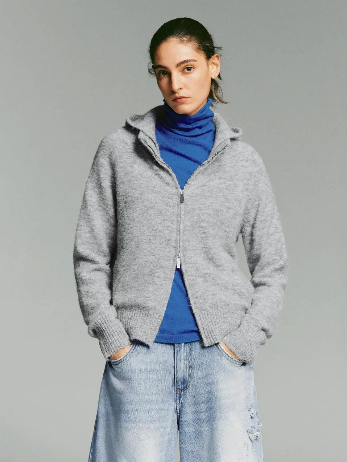 Heather Ribbed Zip-Front Hooded Long Sleeve Knit Jacket