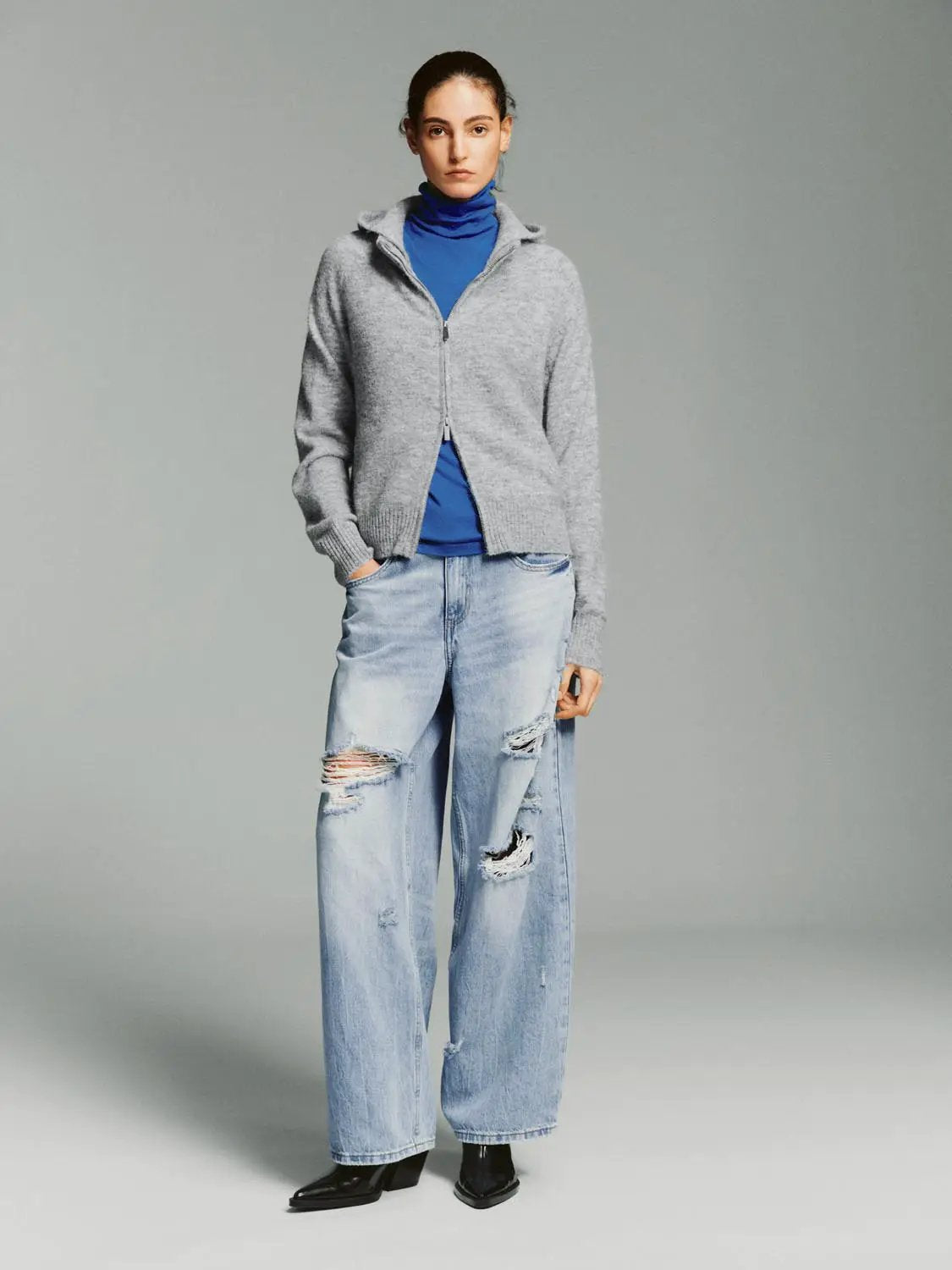 Heather Ribbed Zip-Front Hooded Long Sleeve Knit Jacket