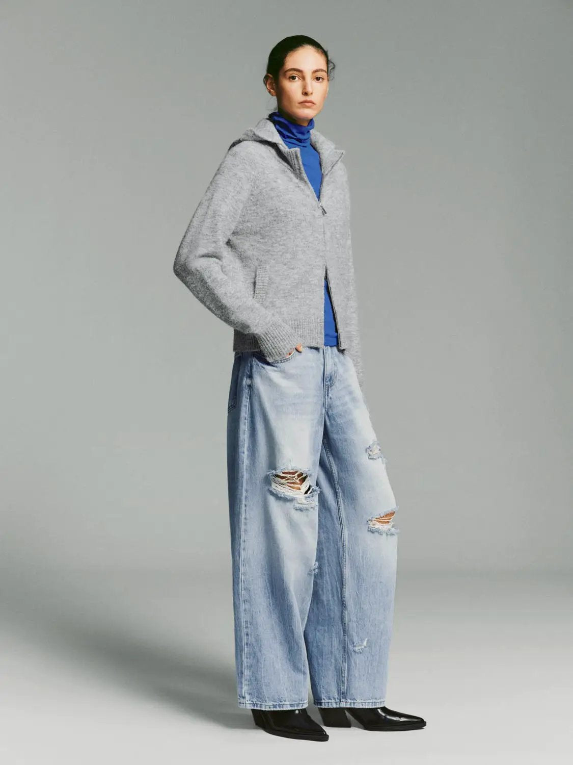 Heather Ribbed Zip-Front Hooded Long Sleeve Knit Jacket