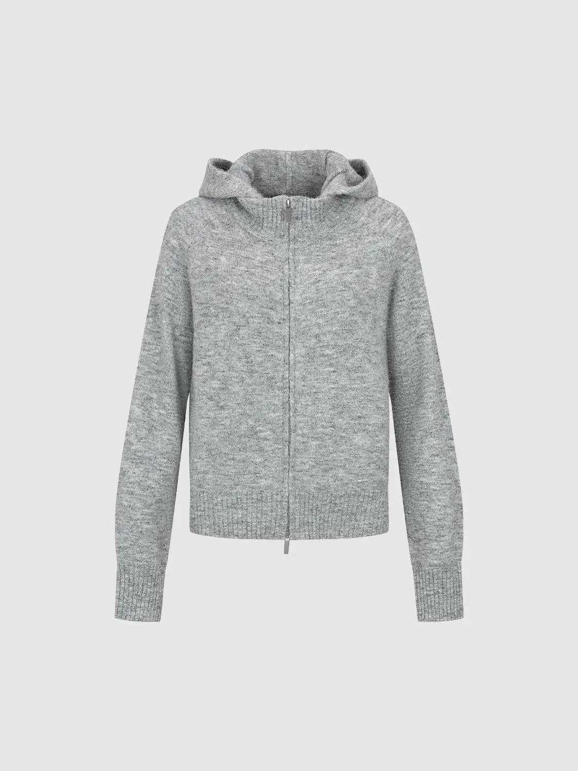Heather Ribbed Zip-Front Hooded Long Sleeve Knit Jacket