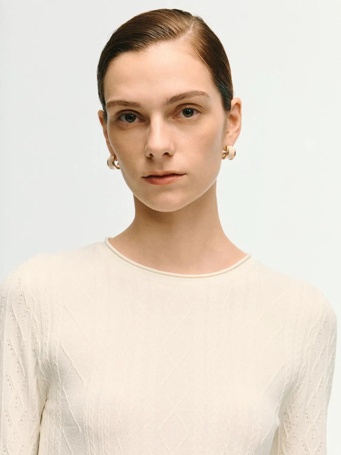 Textured Knit Fitted Crew Neck Long Sleeve T-Shirt