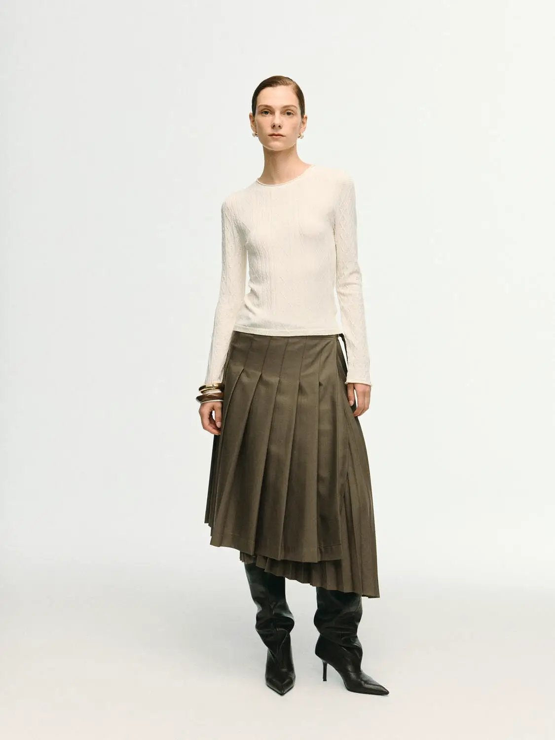 Textured Knit Fitted Crew Neck Long Sleeve T-Shirt