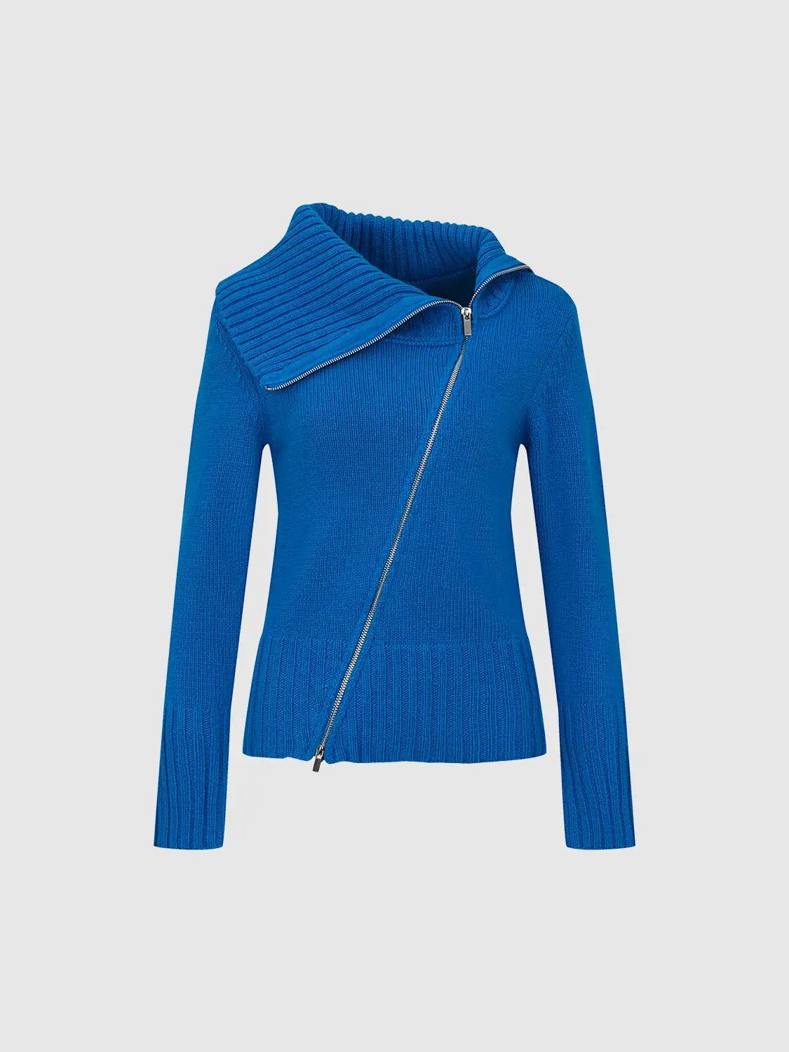 Ribbed Diagonal Zipper Long Sleeve Knit Jacket