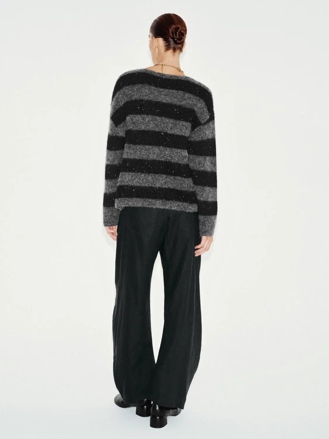 Textured Striped Oversized Boat Neck Long Sleeve Sweater