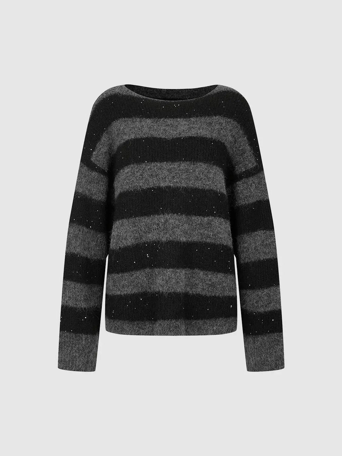 Textured Striped Oversized Boat Neck Long Sleeve Sweater