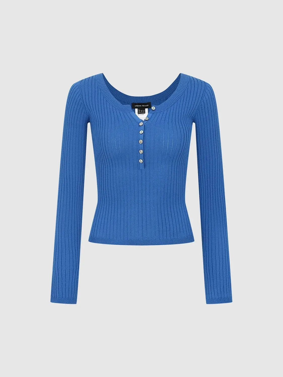 Ribbed Button Front Fitted Long Sleeve T-Shirt