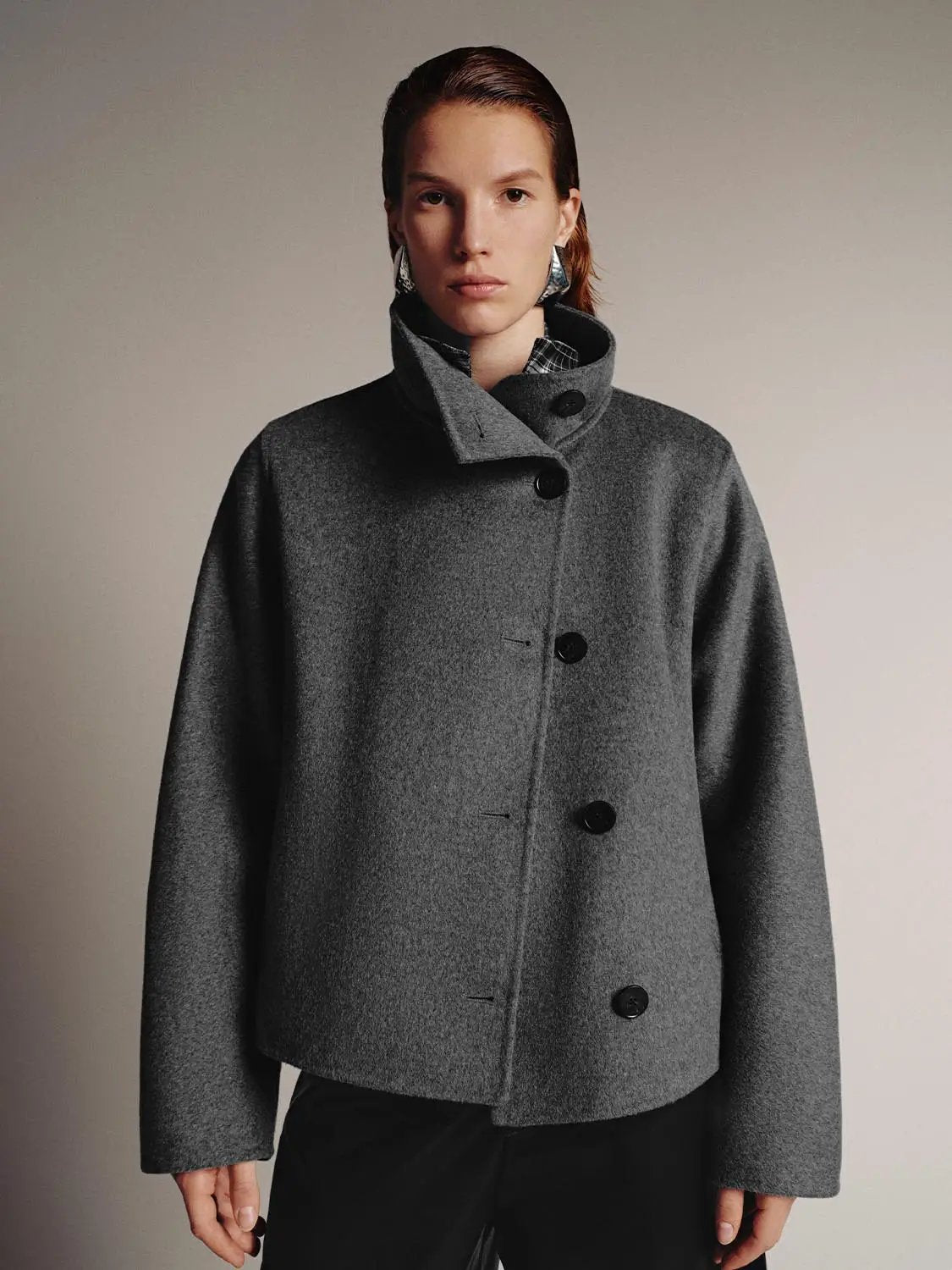 Asymmetric Button Cropped Stand Collar Drop Shoulder Jacket