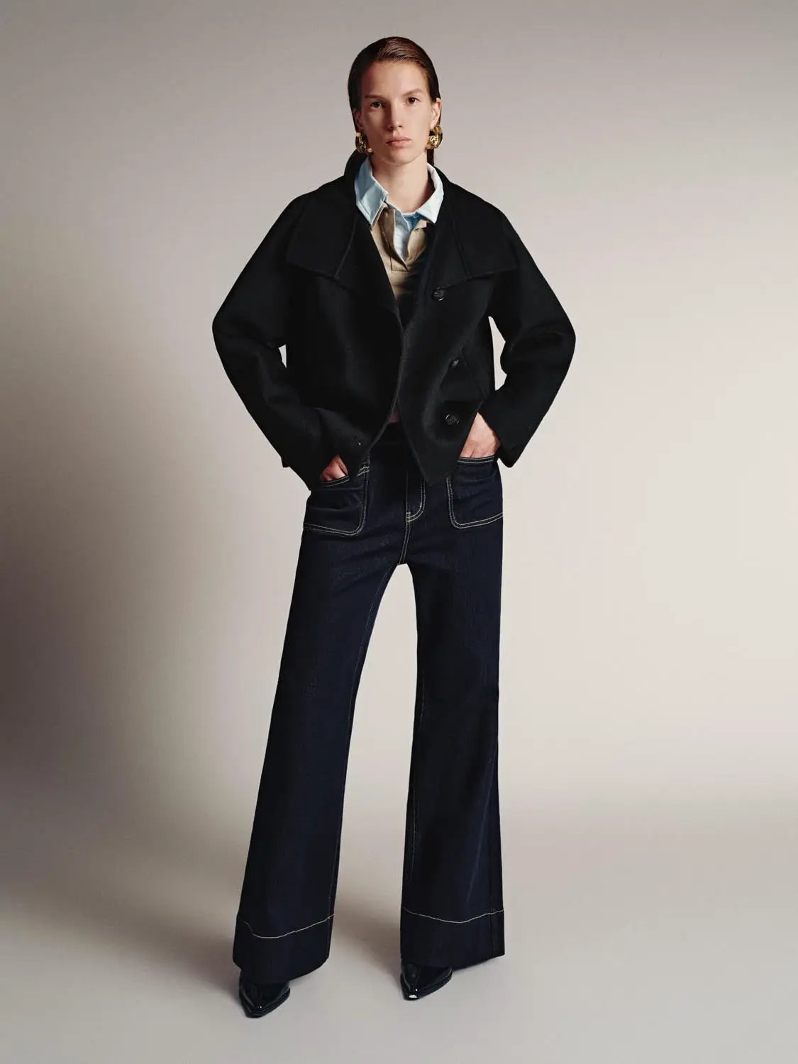 Asymmetric Button Cropped Stand Collar Drop Shoulder Jacket