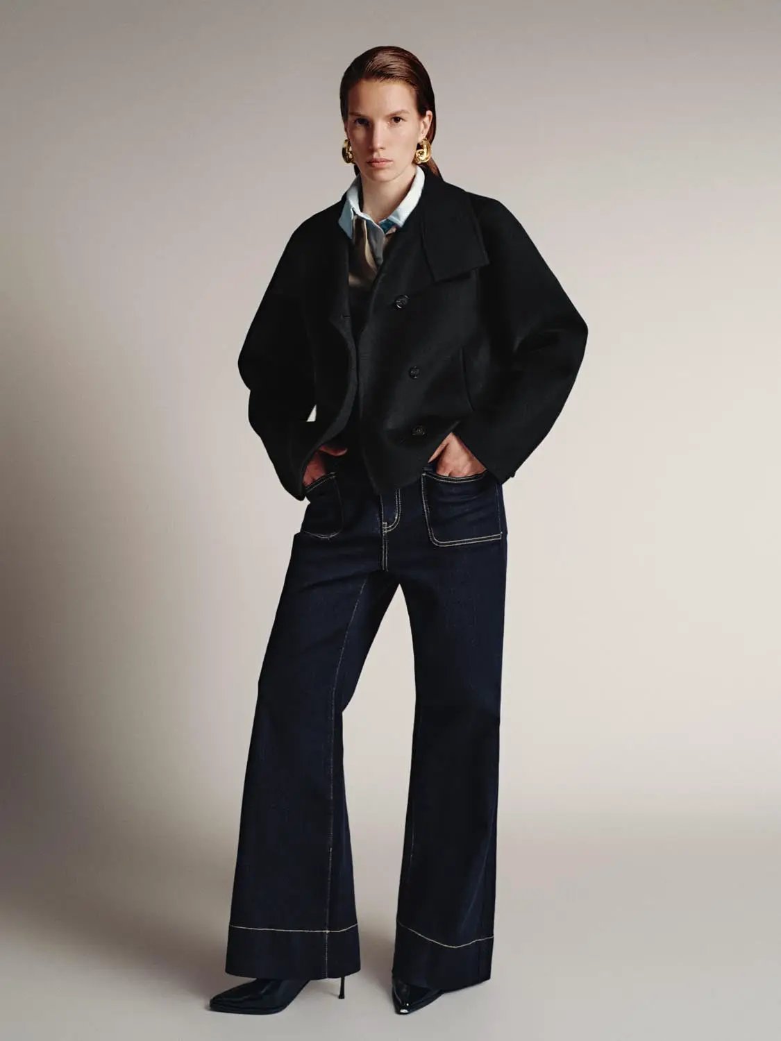 Asymmetric Button Cropped Stand Collar Drop Shoulder Jacket