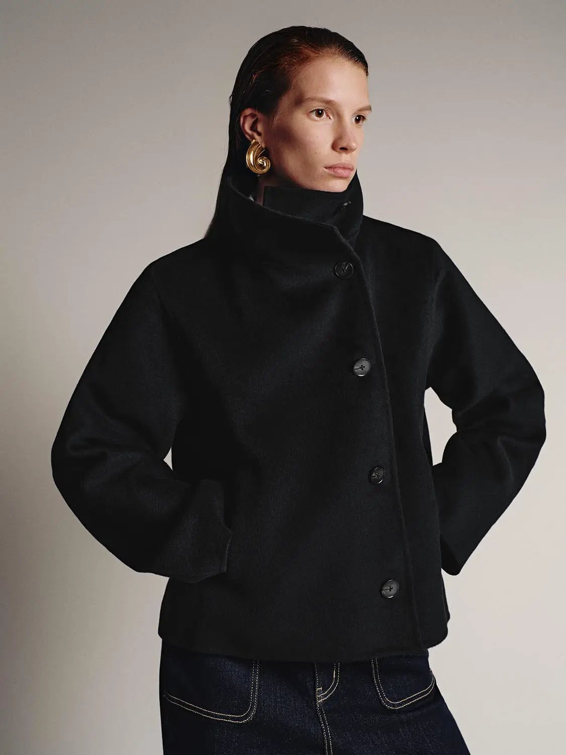 Asymmetric Button Cropped Stand Collar Drop Shoulder Jacket