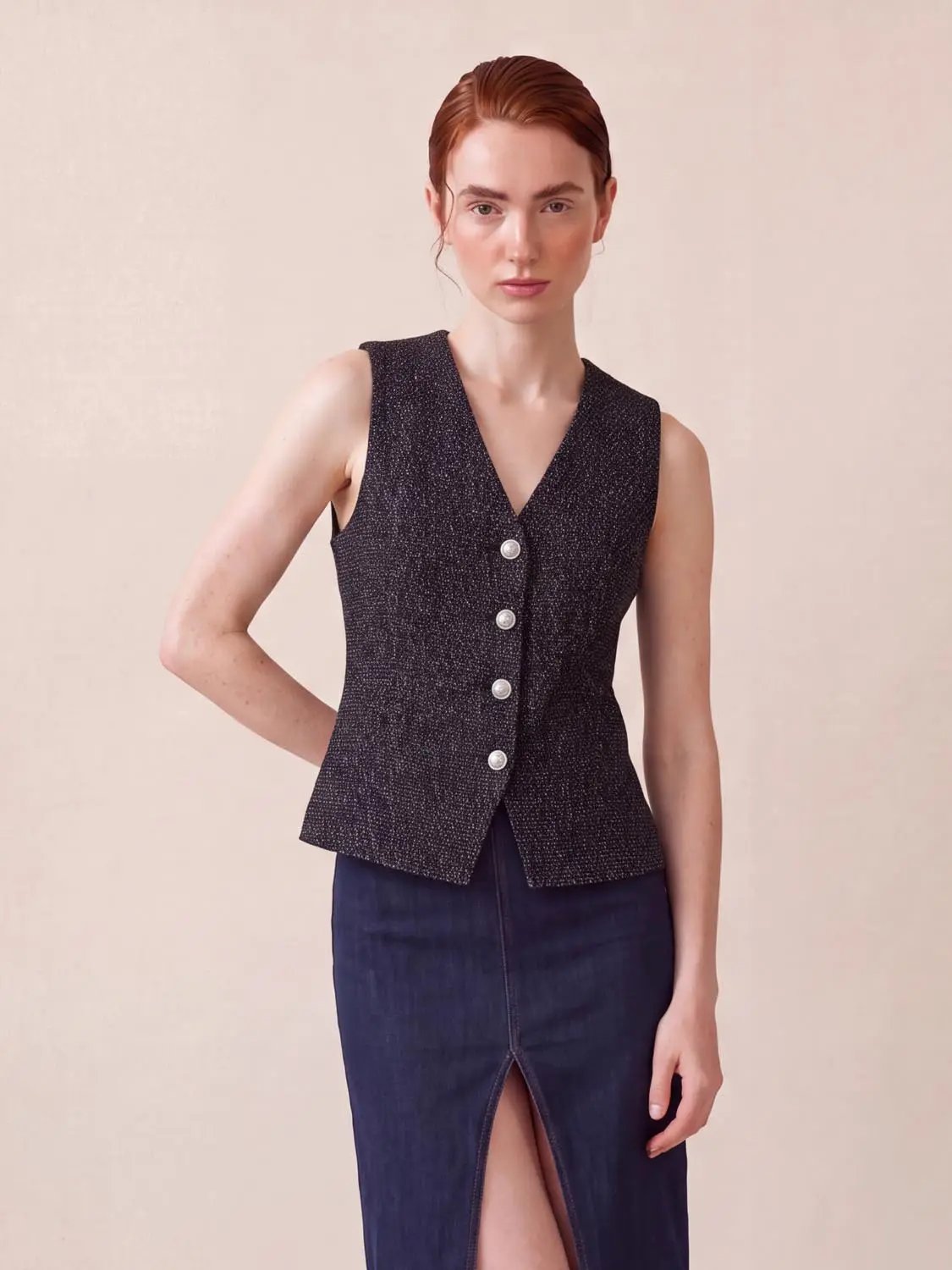 V Neck Button Front Sleeveless Tweed Textured Vest