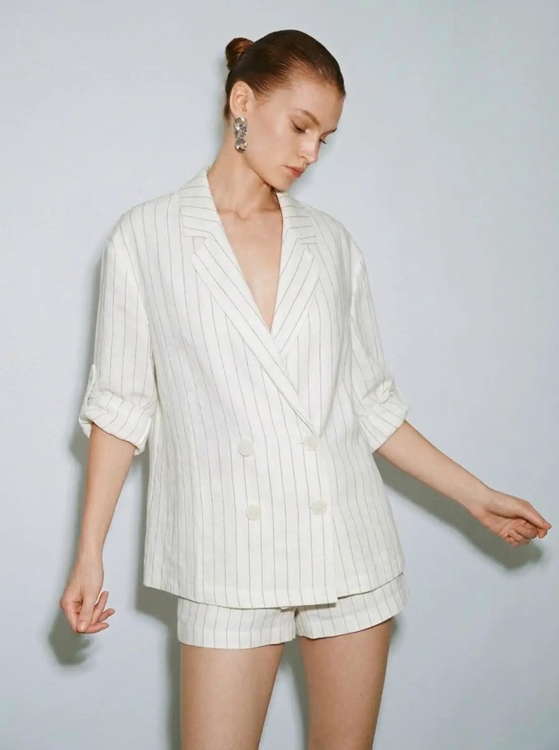 Striped Double-Breasted Loose-Fit Vertical Stripe Pattern With Clean Lines Blazer