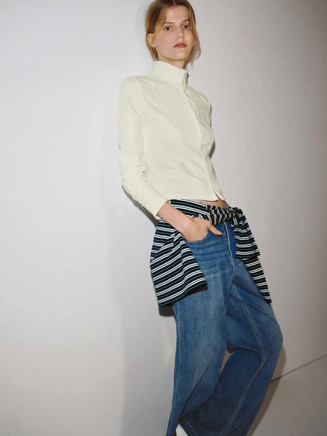 Mock Neck Zip Front Blouse