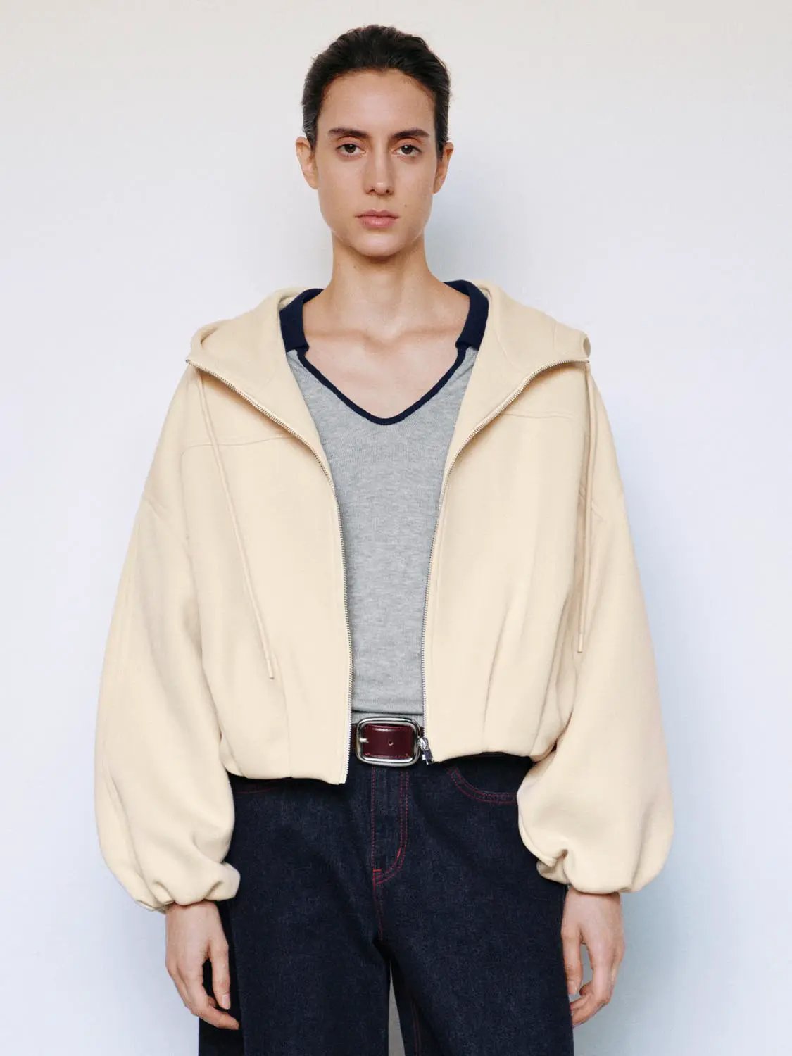 Drop Shoulder Full Zip Hooded Cotton Blend Jacket