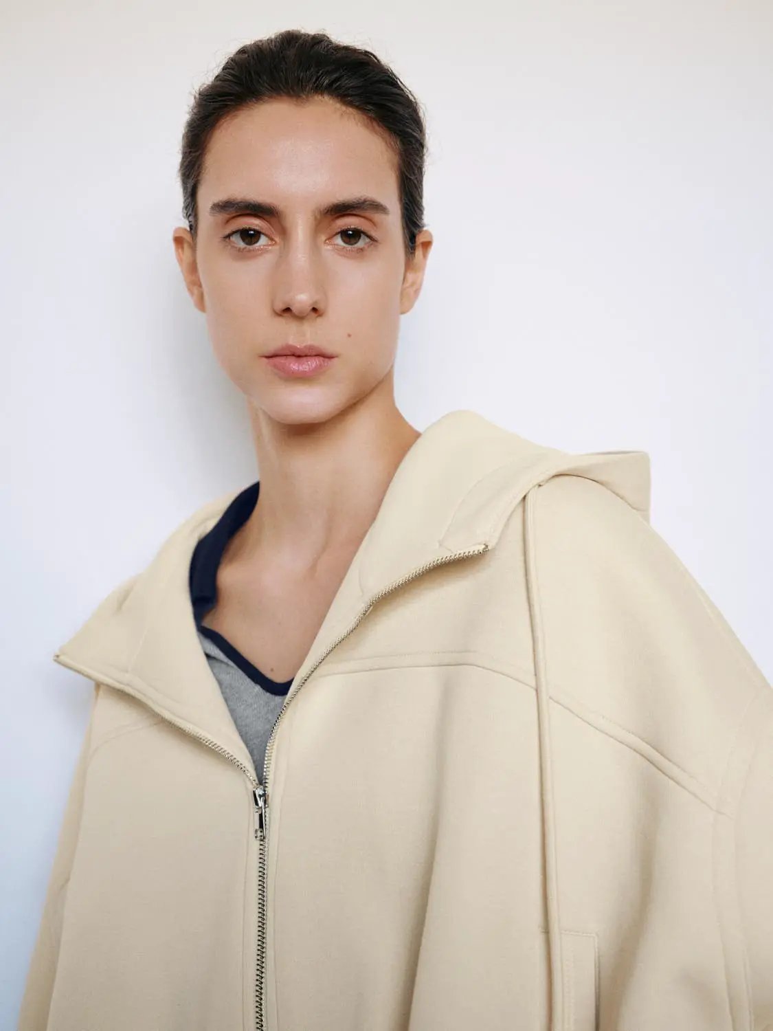 Drop Shoulder Full Zip Hooded Cotton Blend Jacket