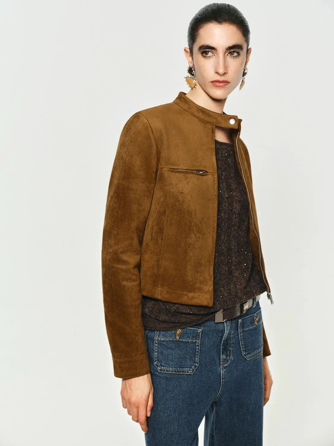 Textured Mock Neck Cropped Long Sleeve Jacket