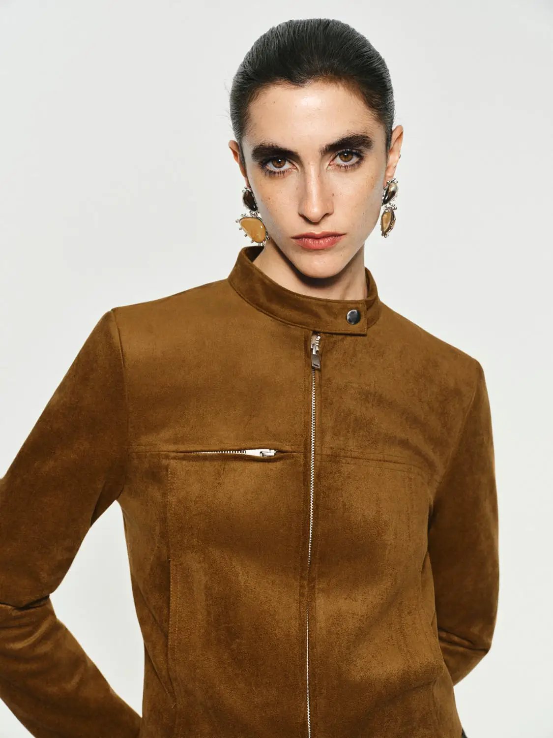 Textured Mock Neck Cropped Long Sleeve Jacket