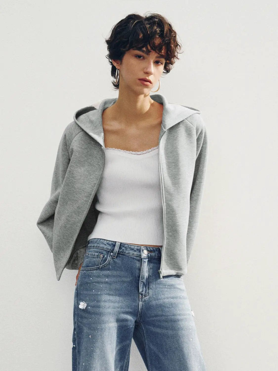Zip Hooded Long Sleeve Heather Grey Cotton Blend Jacket