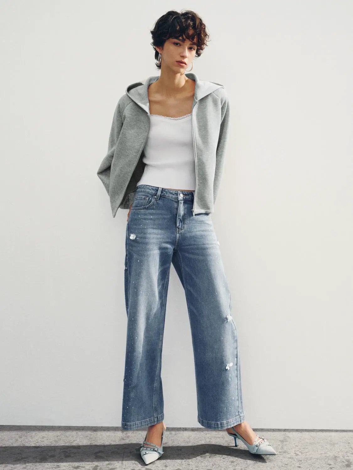 Zip Hooded Long Sleeve Heather Grey Cotton Blend Jacket