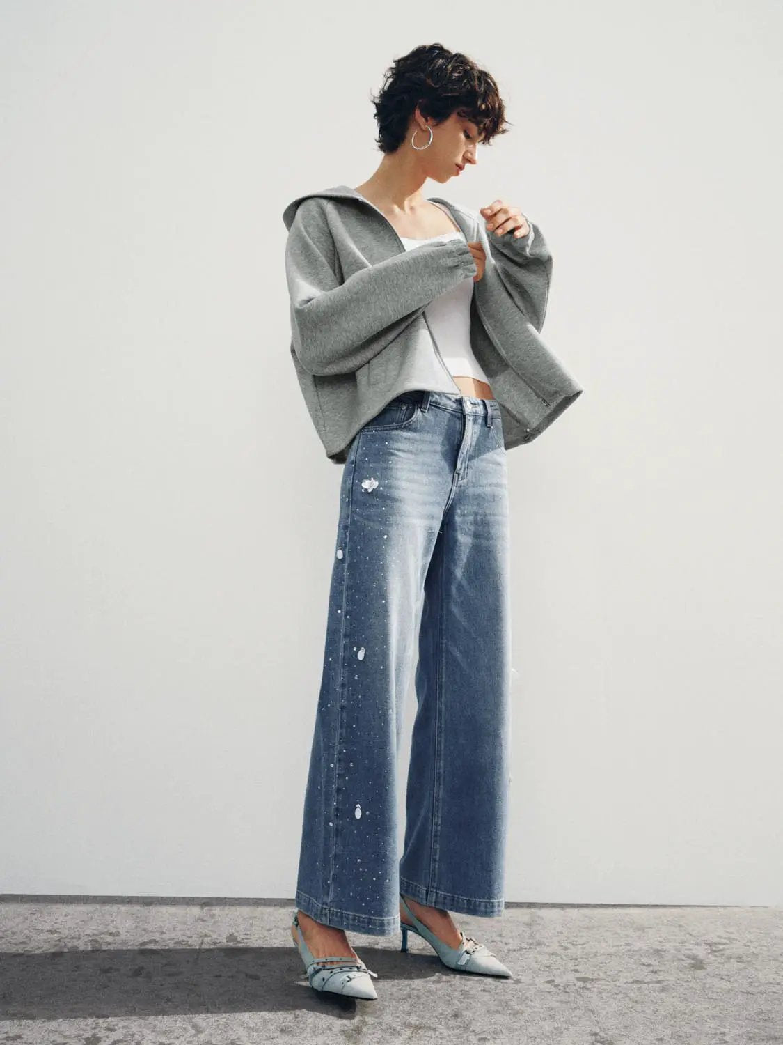 Zip Hooded Long Sleeve Heather Grey Cotton Blend Jacket