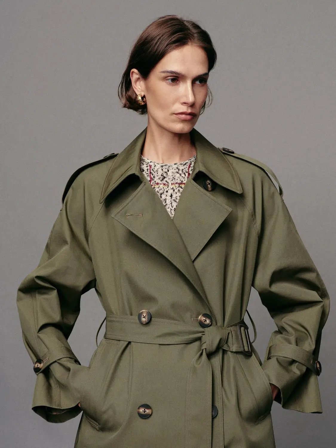 Double-Breasted Long Sleeve Cotton Blend Trench Coat