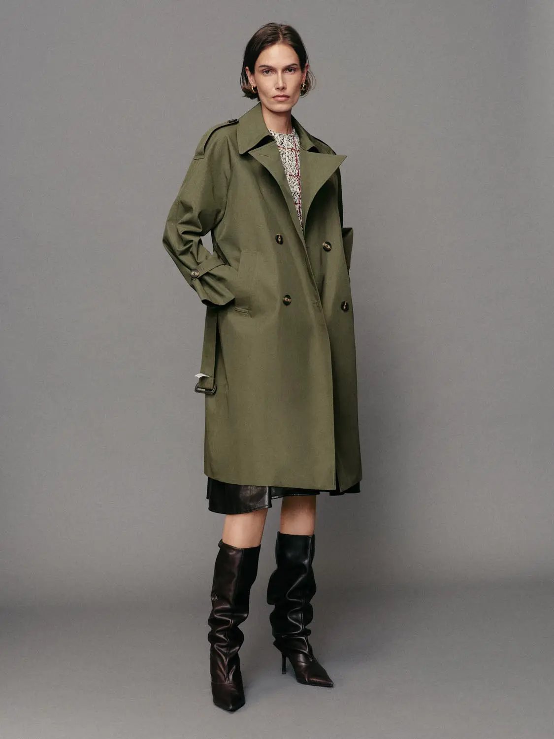 Double-Breasted Long Sleeve Cotton Blend Trench Coat