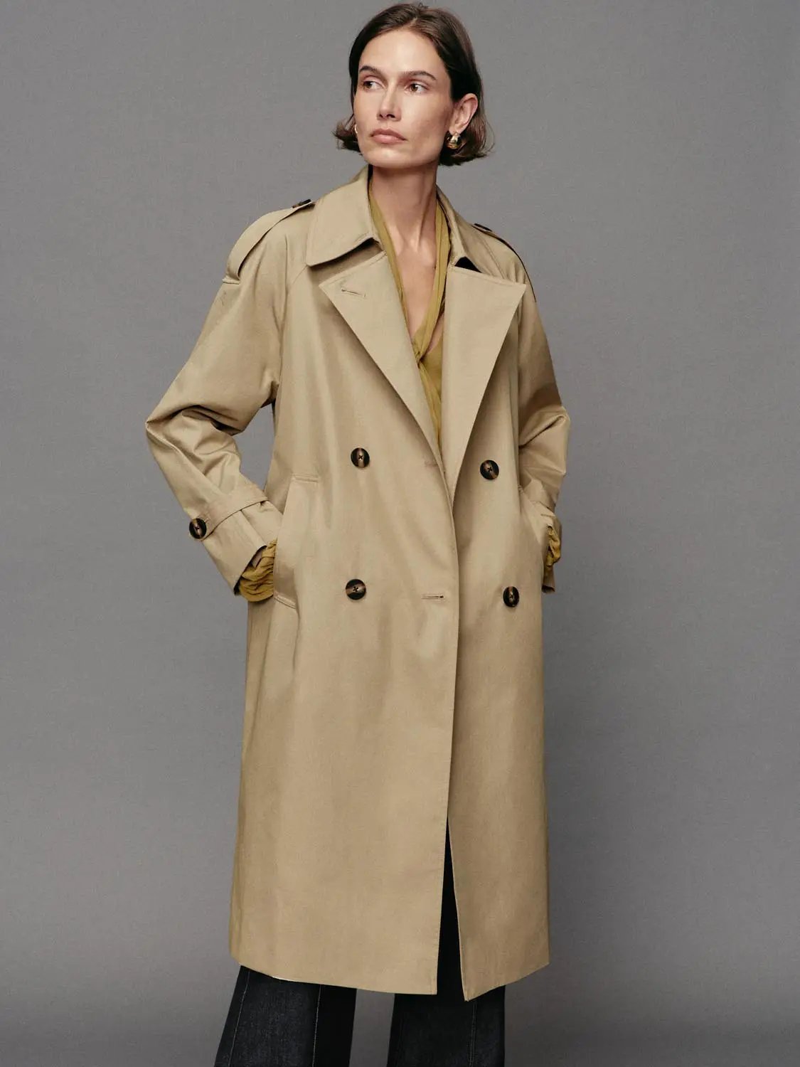 Double-Breasted Long Sleeve Cotton Blend Trench Coat