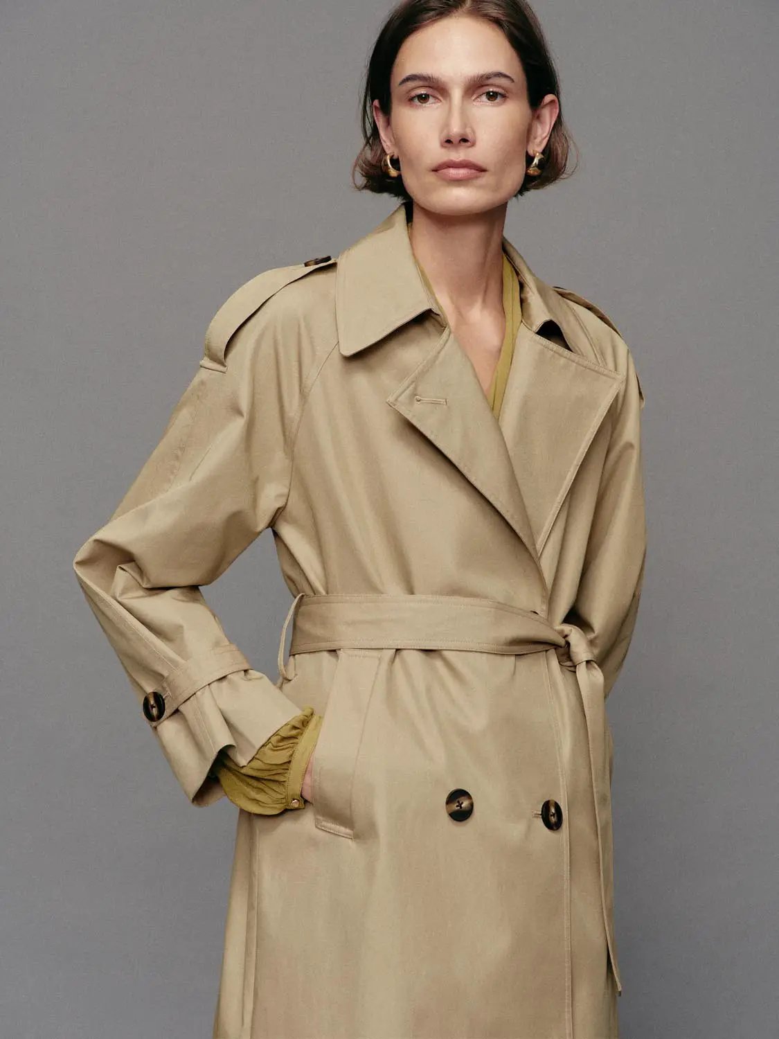 Double-Breasted Long Sleeve Cotton Blend Trench Coat