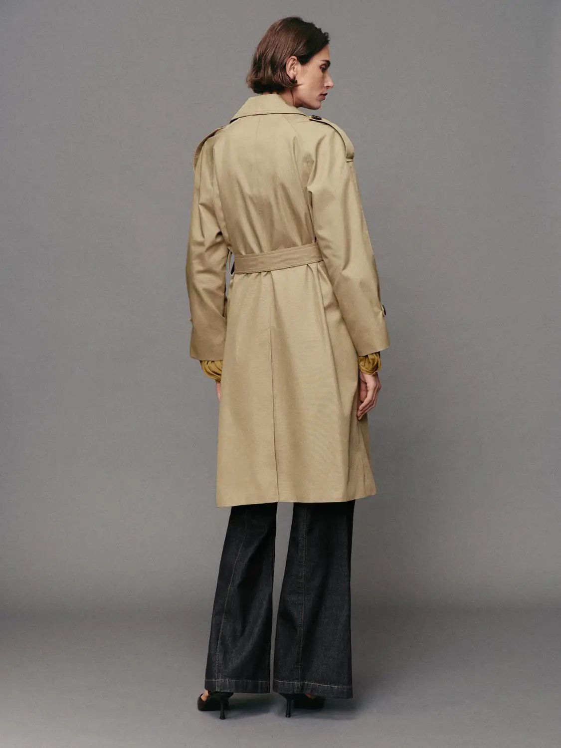 Double-Breasted Long Sleeve Cotton Blend Trench Coat