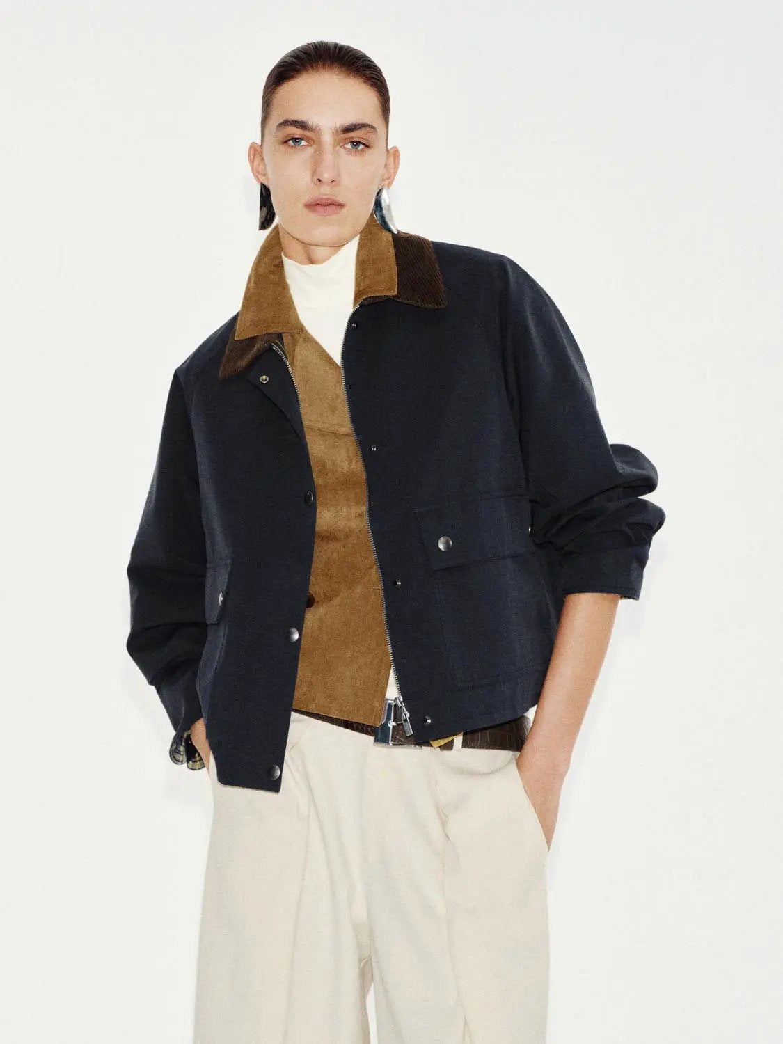 Corduroy Collar Flap Pocket Long Sleeve Cotton Blend Jacket