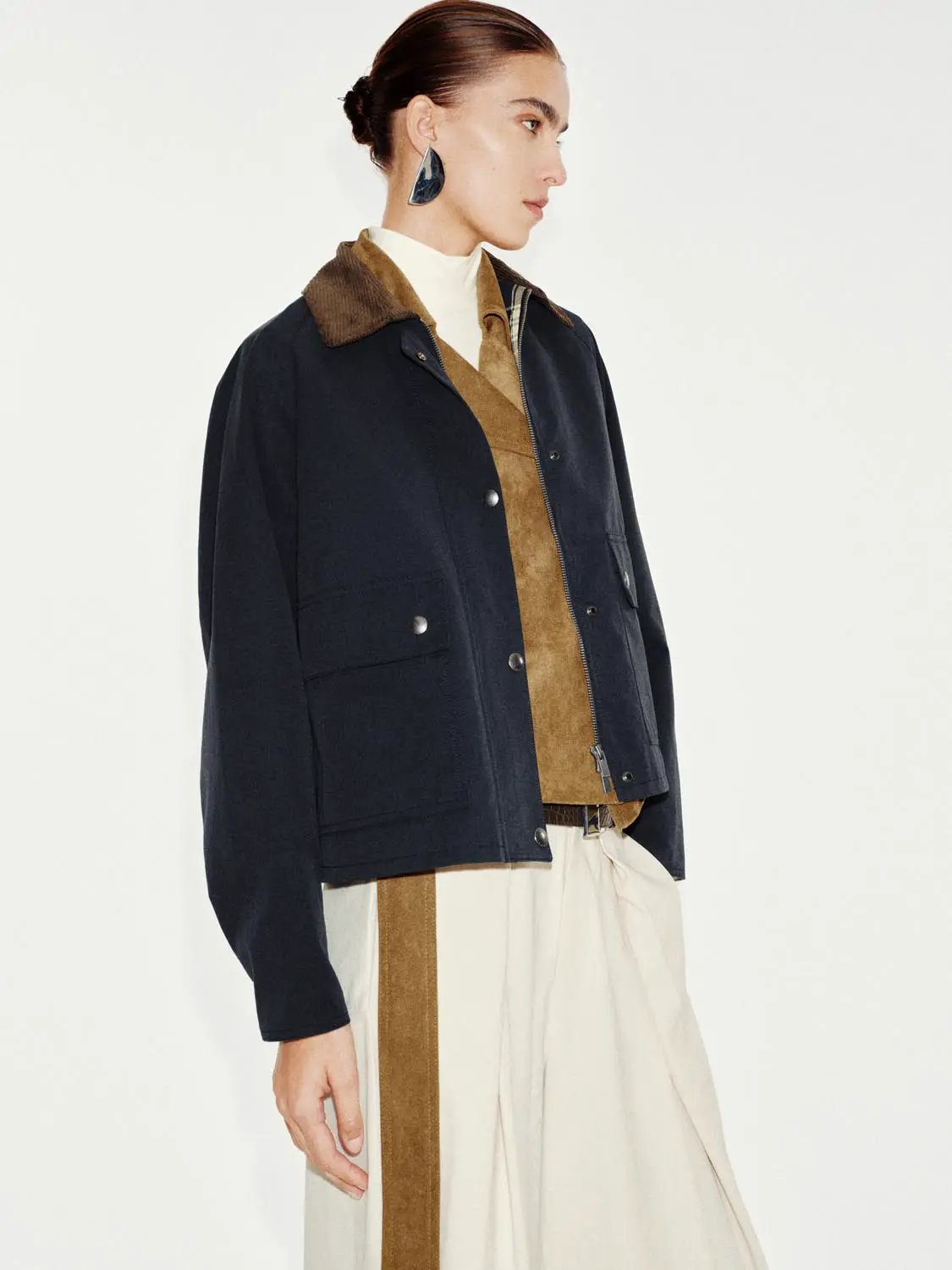 Corduroy Collar Flap Pocket Long Sleeve Cotton Blend Jacket