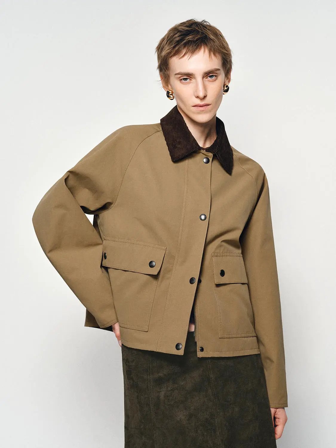 Corduroy Collar Flap Pocket Long Sleeve Cotton Blend Jacket