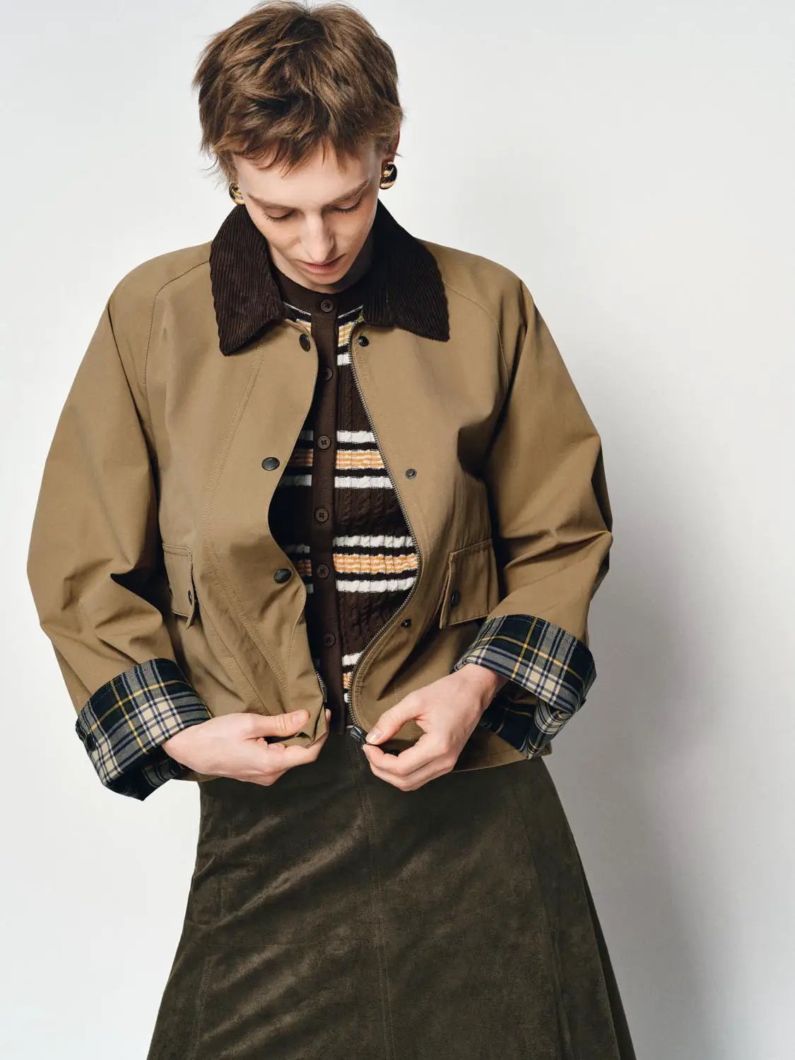 Corduroy Collar Flap Pocket Long Sleeve Cotton Blend Jacket