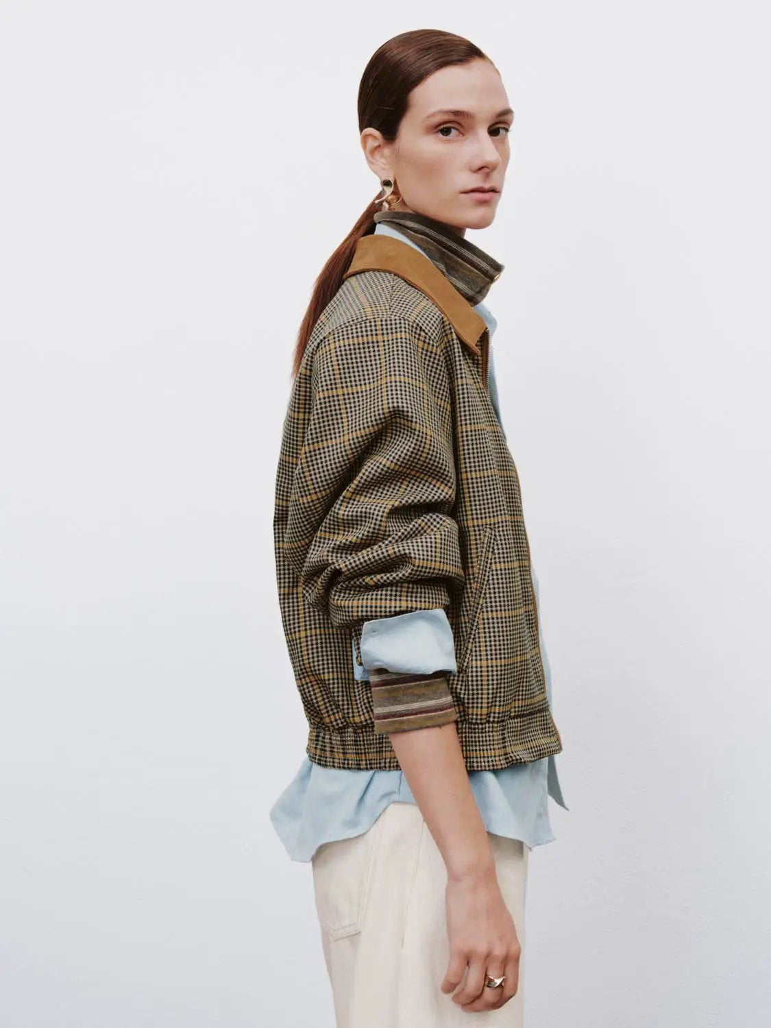 Checked Long Sleeve Contrast Collar Zip Placket Jacket