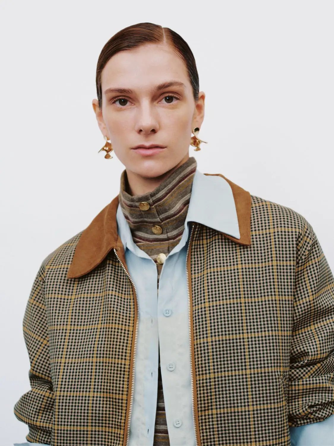 Checked Long Sleeve Contrast Collar Zip Placket Jacket