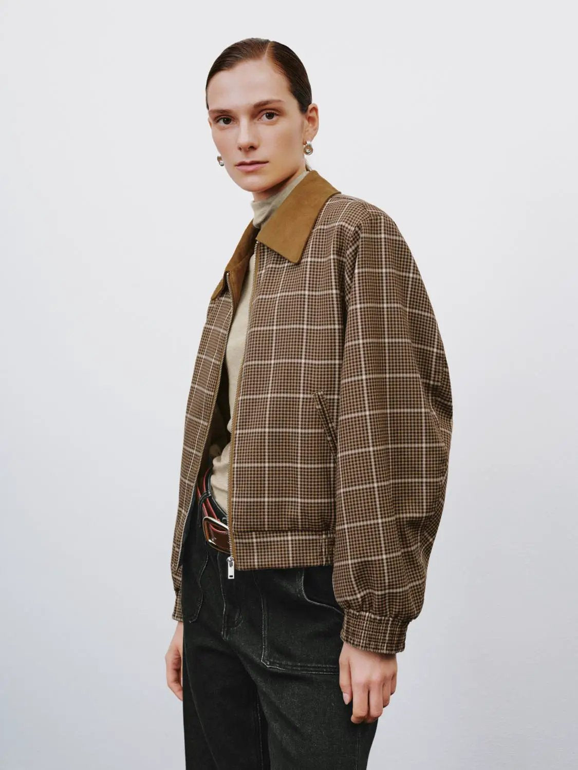 Checked Long Sleeve Contrast Collar Zip Placket Jacket